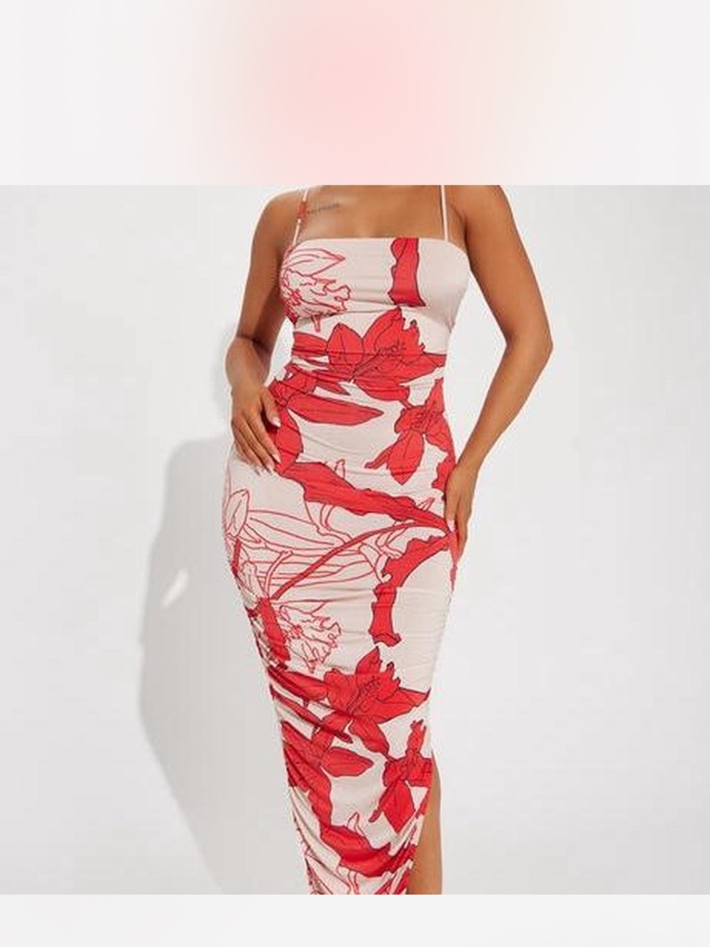 Fashion Nova White Midi Dress with Red Floral Print